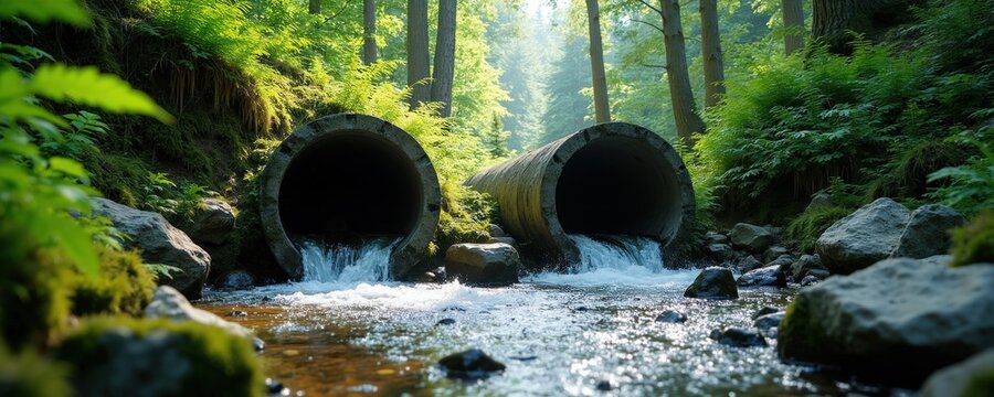 Two large concrete pipes discharge clear water into a mossy forest stream. Rich green trees and rocks surround the natural flowing creek. Sunlight filters through the canopy onto the wet woodland.