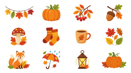 Autumn Icons Set: Pumpkin, Fox, Acorn, Leaves, Umbrella, Hot Drink, Mushroom © Martabak
