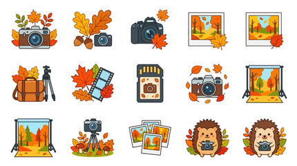 Autumn Photography Icons: Cameras, Leaves, Oak Acorns, Film, SD Card, Tripod, Hedgehog © Martabak