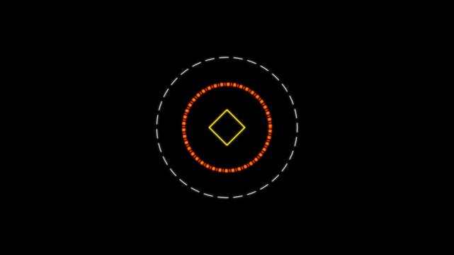 Abstract circular hud interface with rotating geometric shapes and glowing lines over black background.