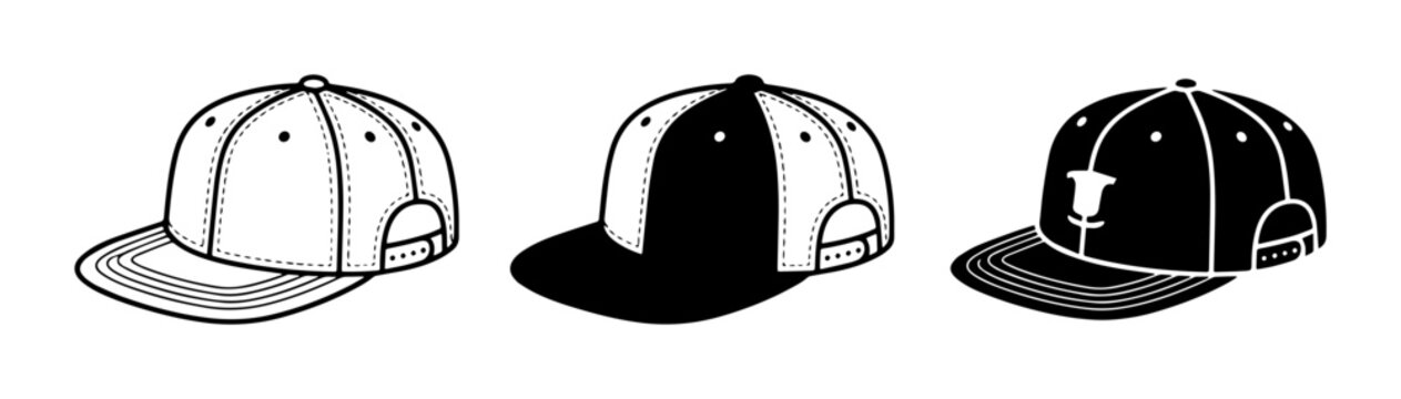 Three Baseball Caps Vector Icons, Flat Design, Black and White Styles, Headwear Collection
