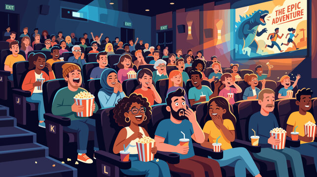 Cinema audience watching large screen in dark theater with seated viewers for movie night entertainment promotion streaming culture film festival poster ticketing campaign movie night