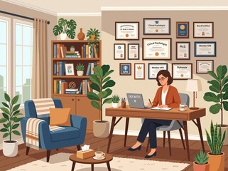 Fototapeta premium Cozy professional office interior with desk chair computer shelves plants window lamp for remote work productivity workplace real estate promotion office interior workspace desk chair