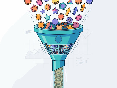 Cryptocurrency coins filtering through funnel with digital finance tokens showing selection investment market sorting blockchain exchange concept cryptocurrency coins funnel digital