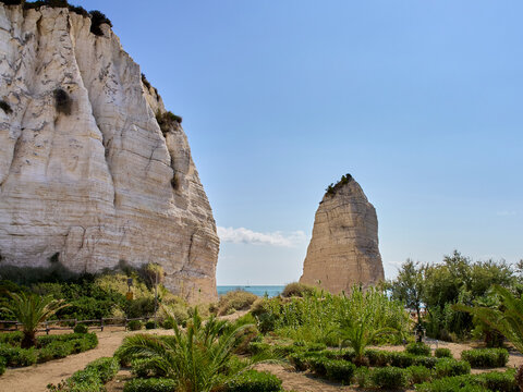 Pizzomunno, limestone monolith, located at the beginning of the beach Spiaggia del Castello. Vieste, province of Foggia, Apulia, Puglia, Italy, Europe