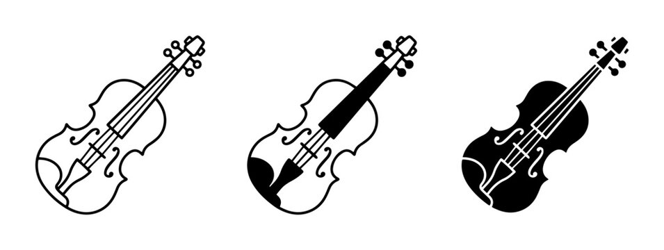 Violin Icons Set, Classic String Instrument Vector Graphics, Musical Performance Elements