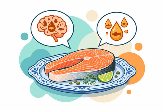 Salmon Steak with Omega 3 Brain Health Benefits Vector Illustration
