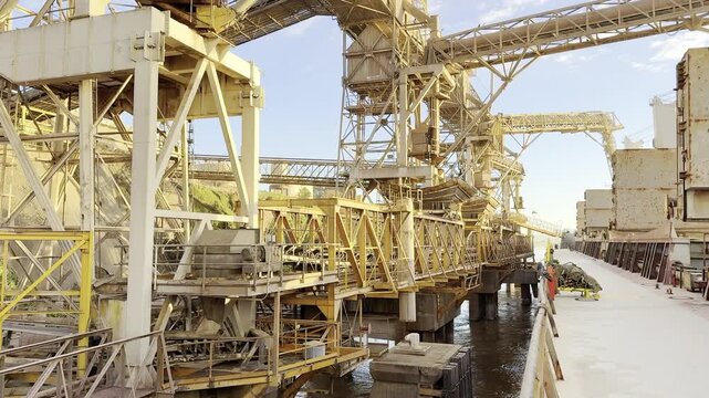 piles of silo port perminal berth. fenders, constructions of transportation belts, towers and pipes. loading wheat to bulk carrier ship