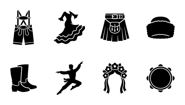 Traditional Cultural Clothing Icons: Oktoberfest, Flamenco, Scottish Kilt, Cossack Hat, Boots, Dancer, Headdress, Tambourine