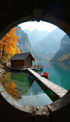 Fototapeta premium Wooden cabin sits on a pier by a clear lake. Mountains rise behind, autumn trees show orange leaves. Red rowboat waits tied to the dock. Nature offers tranquil escape.