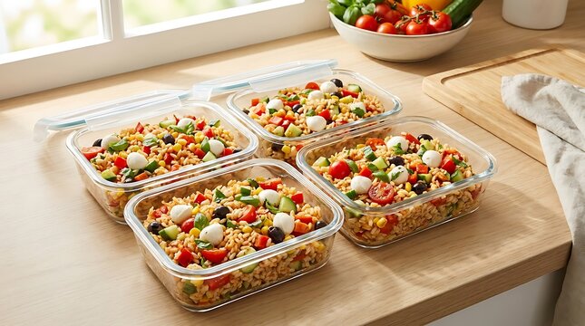 Healthy salad meal prep in glass containers on a kitchen wooden table. riso insalata
