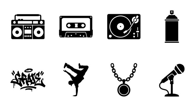 Retro Hip Hop Icons, 80s Boombox, Cassette Tape, Turntable, Graffiti, Breakdancer, Microphone, Spray Can, Music Culture Vector Set