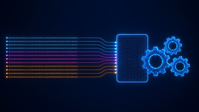 Binary code data stream transforming into mechanical gears representing algorithm processing and software automation