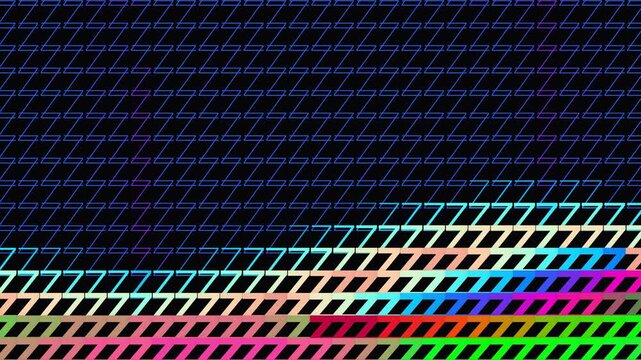Neon geometric patterns shift dynamically over a sharp diagonal transition matrix creating a futuristic glitch inspired layout for gaming content