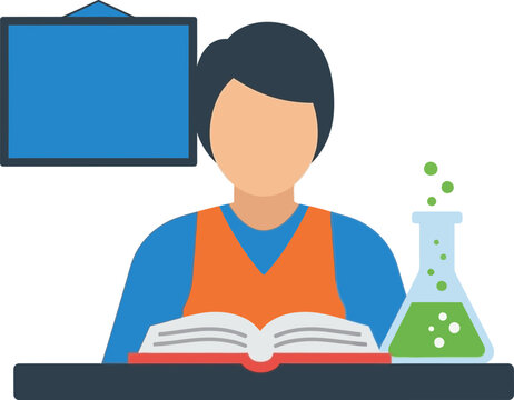 Student studying science with book and flask, education concept