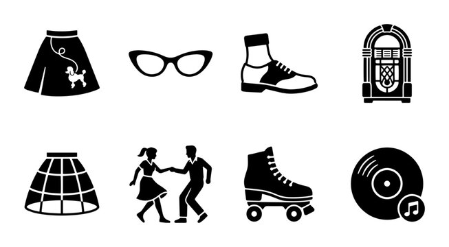 Retro 50s Icons: Poodle Skirt, Jukebox, Roller Skates, Vinyl Record, Dance Couple