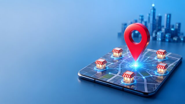 Local retail franchise network location strategy shown on smartphone map with destination pin and connected store branches