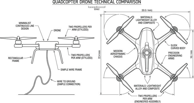 Technical blueprint illustration comparing a minimalist continuous line quadcopter design with a modern aerodynamic chassis drone concept