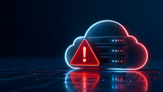 Cloud computing server network failure featuring glowing data center infrastructure with red emergency warning alert for cybersecurity risk