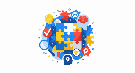 Fototapeta premium Business Solution and Creative Problem Solving Concept Flat Vector Illustration with Jigsaw Puzzle, Brain, and Idea Icons