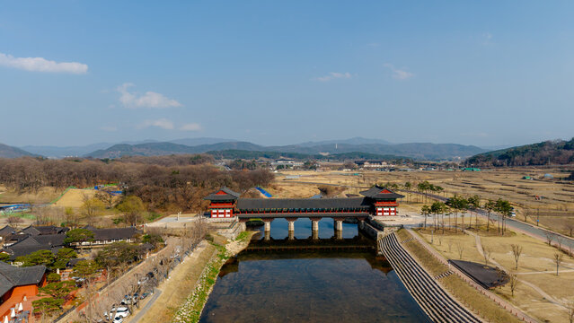 Aerial view of Woljeonggyo Bridge over Namcheon River