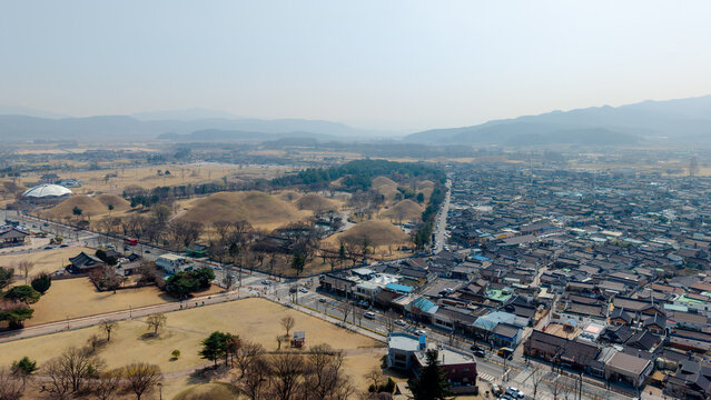 Tumuli Park seen from above in Gyeongju, South Korea
