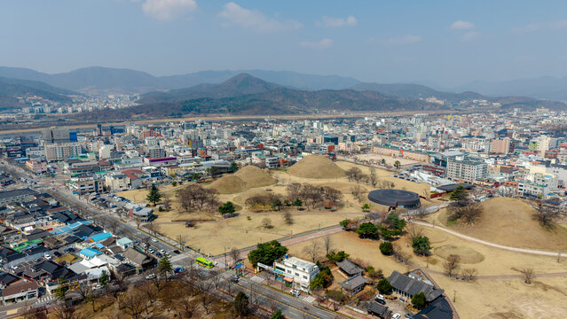 Aerial view of ancient Tumuli Park in Gyeongju