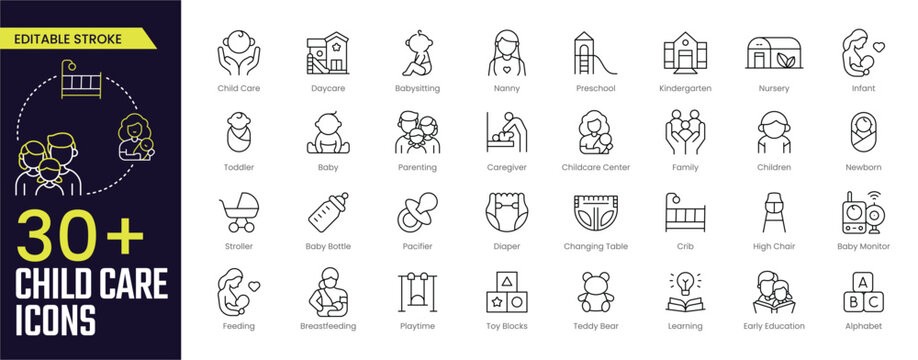 Child Care Stroke icon collections. Containing group, child care, daycare, babysitting, nanny, preschool, kindergarten, nursery, toddler, and parenting icons. Editable Stroke icon collection Outline