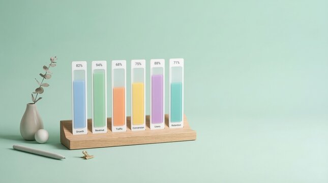 Minimalist composition featuring a rack of colorful, clear liquid vials with subtle financial growth graph shadows on a pale green backdrop, evoking a sense of innovation and progress