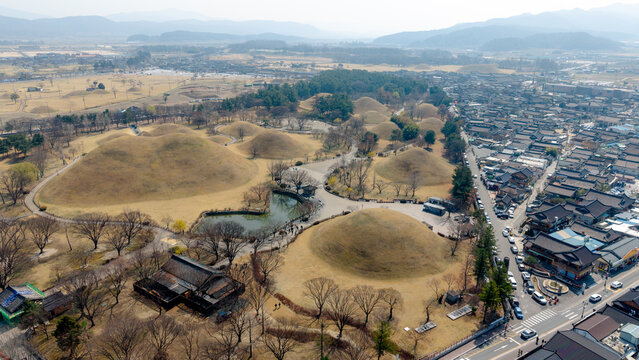 Aerial view of ancient burial mounds in Tumuli Park