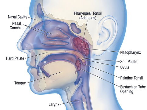 Human head anatomy showing pharyngeal tonsil adenoids and surrounding structures.