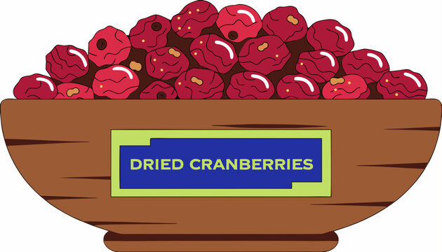 Very beautiful realistic vector illustration of a bowl filled with nutrient-dense dried cranberries featuring a colorful label reading "DRIED CRANBERRIES", rich natural textures, wholesome healthy sna