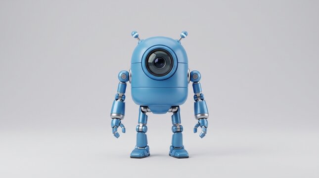 Cute blue robot with camera eye on simple background