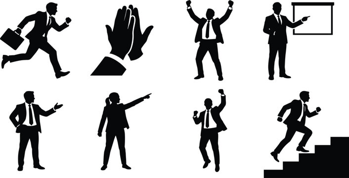 Business success silhouettes featuring professionals running celebrating giving high five and climbing stairs to victory