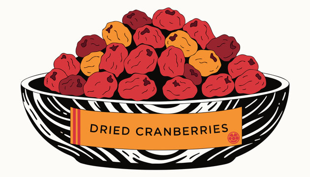 Very beautiful realistic vector illustration of a bowl filled with nutrient-dense dried cranberries featuring a colorful label reading "DRIED CRANBERRIES", rich natural textures, wholesome healthy sna