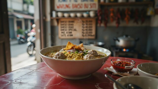 Indonesian meatball noodle soup bakso served at a traditional warung restaurant
