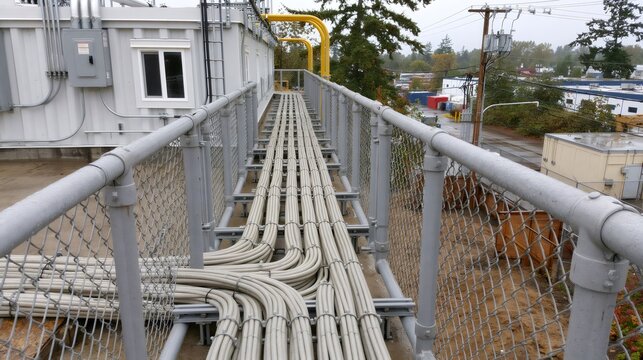 Industrial electrical cables running along a metal cable tray