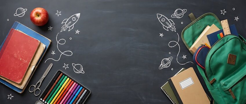 Back to school concept with green backpack filled with books notebooks pencils crayons and ruler on chalkboard background with rocket drawings and planets.