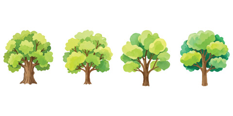 Set of four cartoon green deciduous trees with brown trunks for nature designs and forest scenes © md