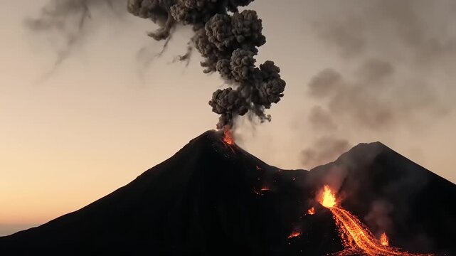 Erupting volcano with lava and smoke.