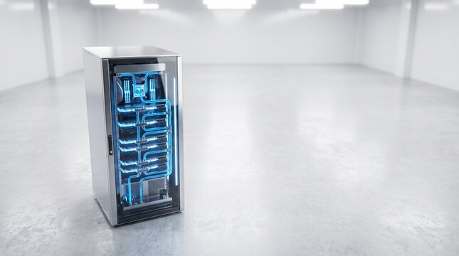 AI-generated illustration of a standalone liquid-cooled server rack in a minimalist data center, advanced cloud computing infrastructure, enterprise networking, high-performance computing, and cyberse