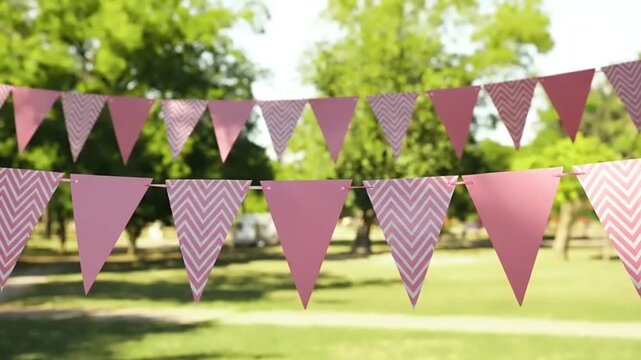 Pink decorative bunting in a park.