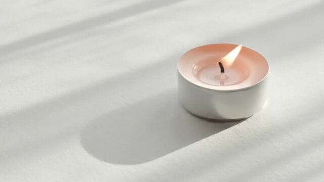 A serene lit candle in a white holder.