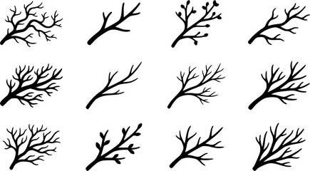 Obraz premium Tree Branches & Twigs silhouette icon set, flat black glyph style, pure white background