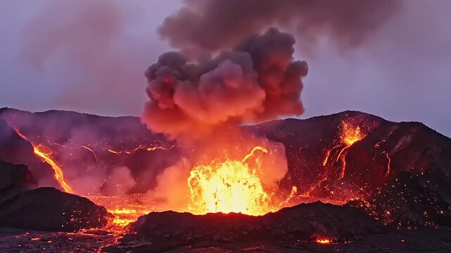 Volcanic eruption with lava and smoke.