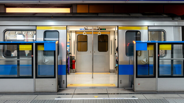 Taipei metro station view with open train doors