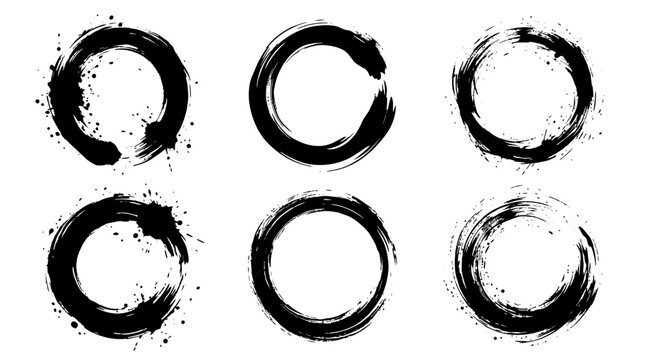 Six hand-drawn black enso circles with brush strokes and ink splatters on white, ideal for grunge design elements, artistic frames, or spiritual concepts.