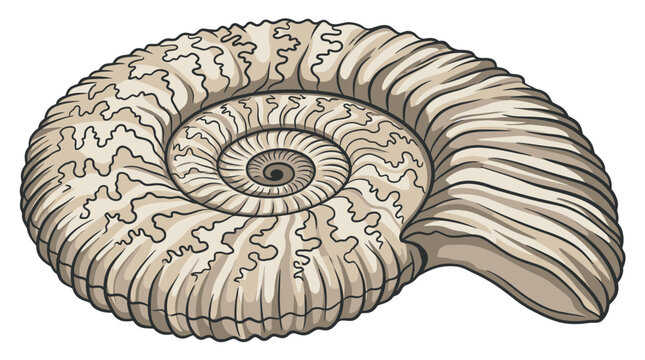 An illustration of a spiral ammonite fossil shell on a white background, 009 reference