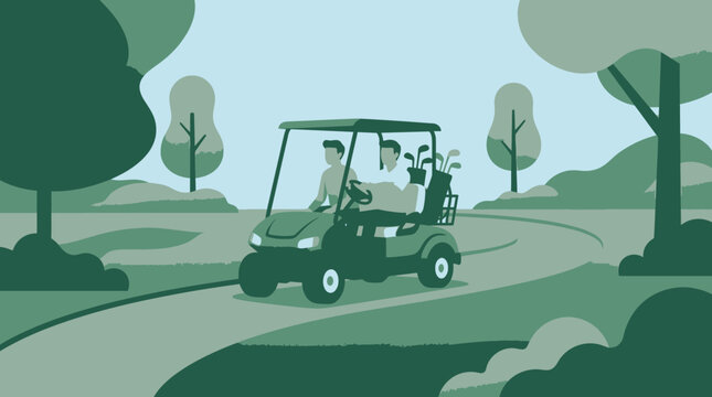 Two men riding in a golf cart on a sunny day through a green golf course with trees and a path