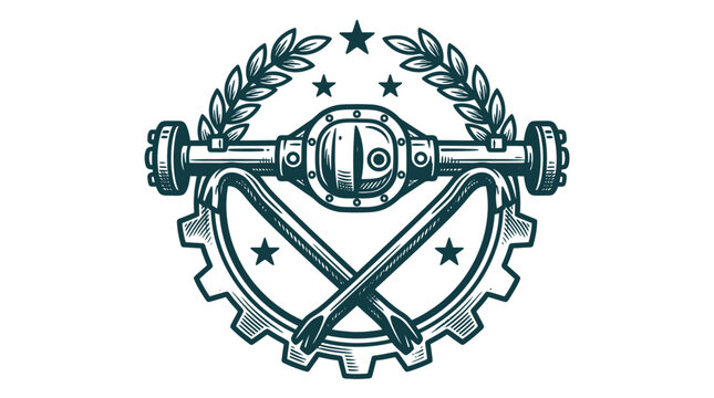Vintage style automotive emblem featuring a car rear axle differential, crossed pry bars, mechanical gear cog, laurel wreath, and stars. Isolated black line art on white background.